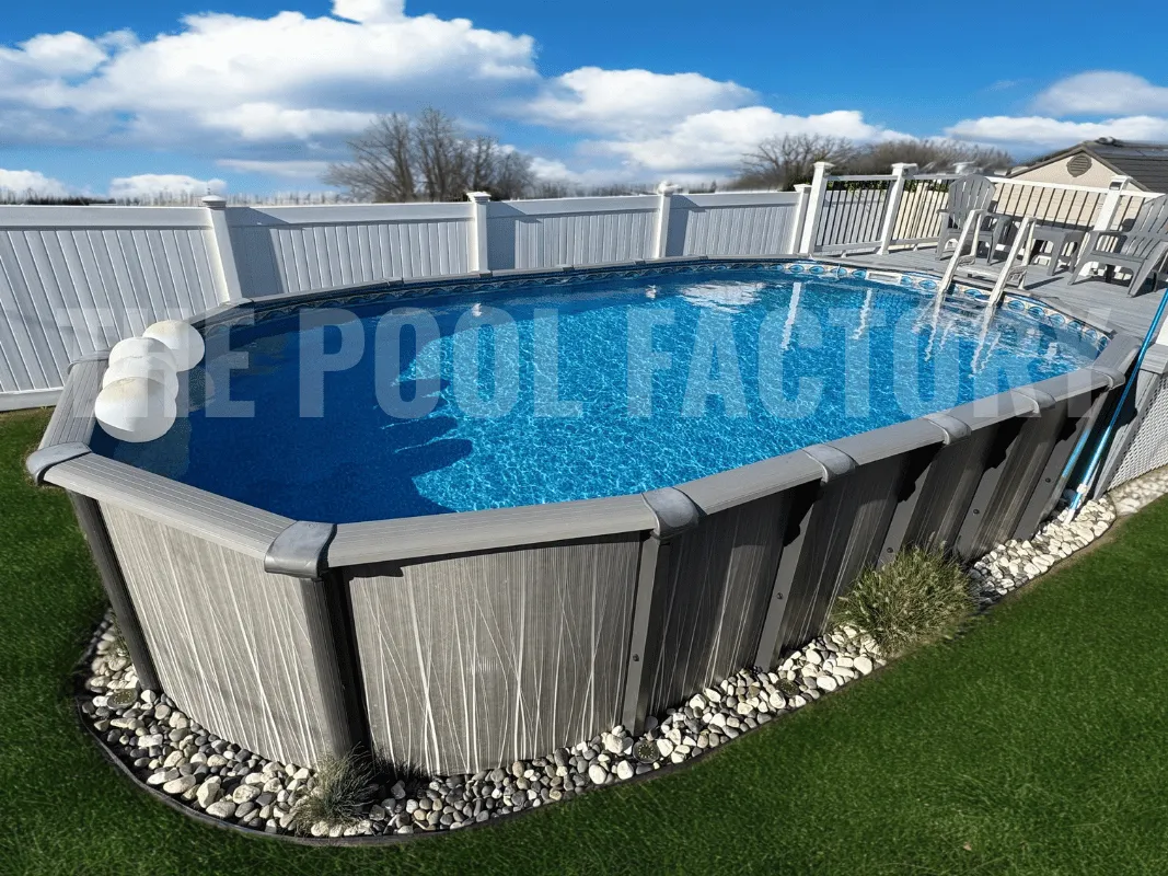 Above ground oval swimming pool with modern design and natural surroundings