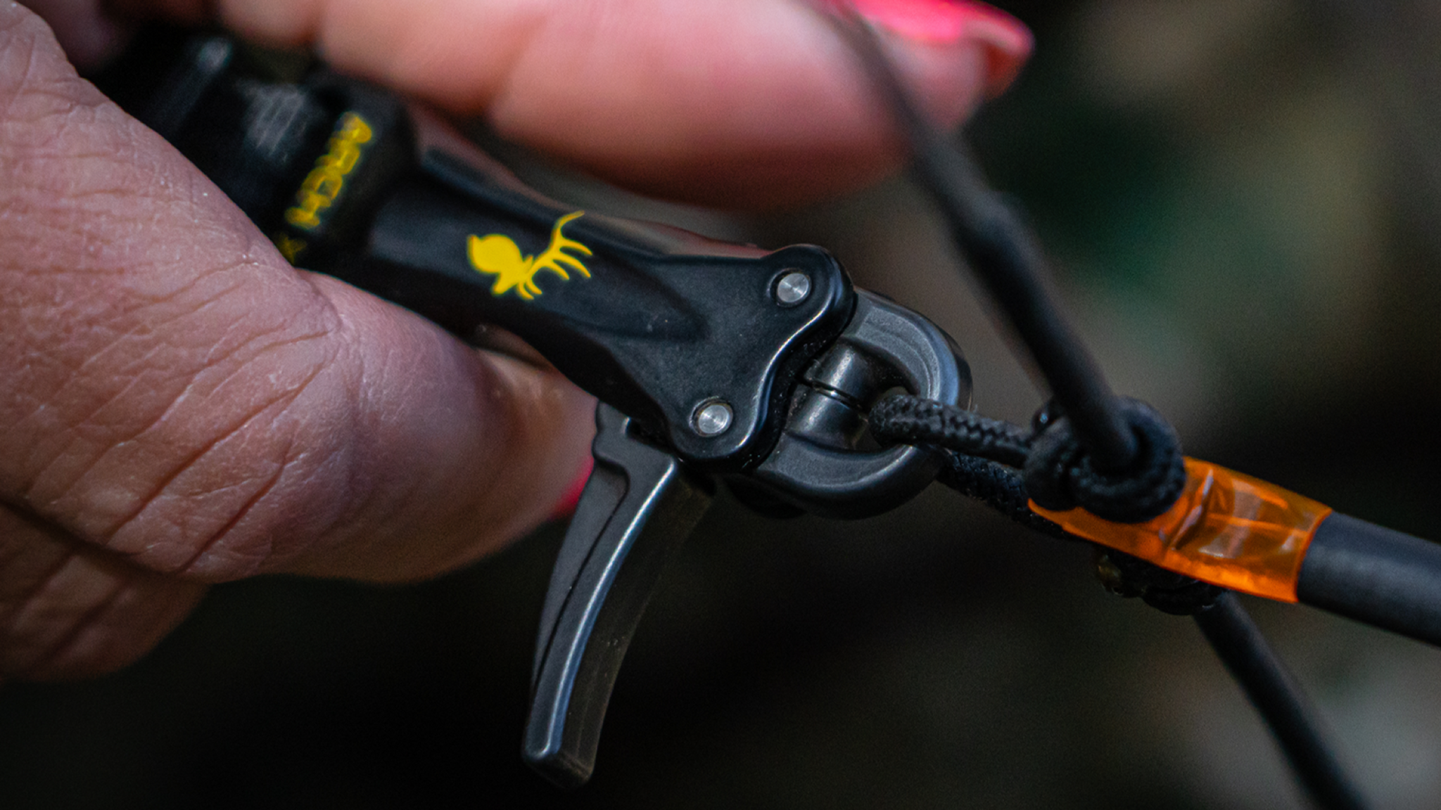 Close up of the ArchX bow release head attached to d-loop on compound bow.