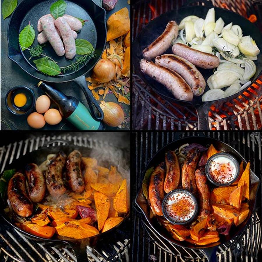 Ironclad Bangers with beer, kūmara and eggs cooking method