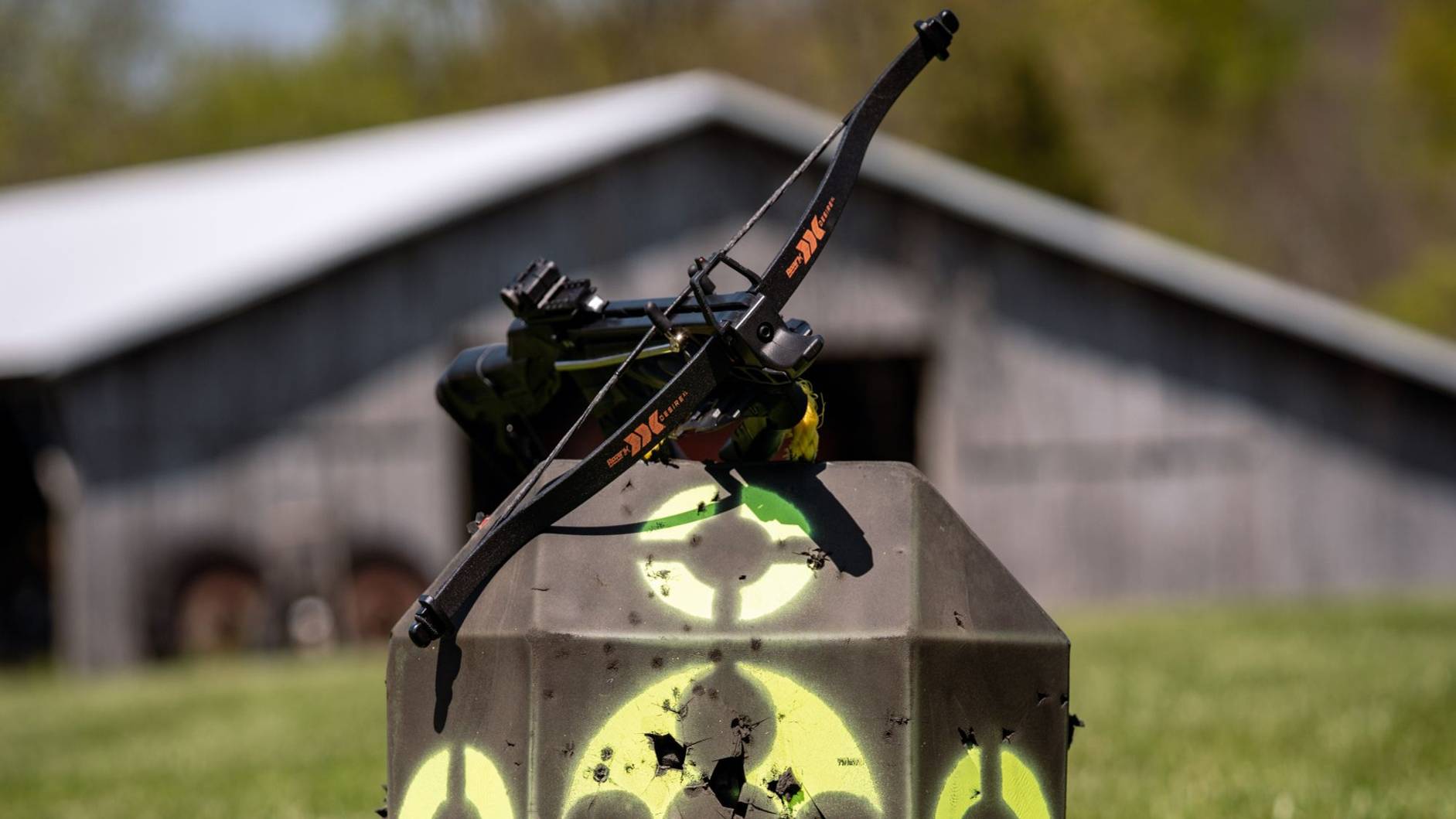 Bear X Desire XL pistol crossbow sitting on top of a target