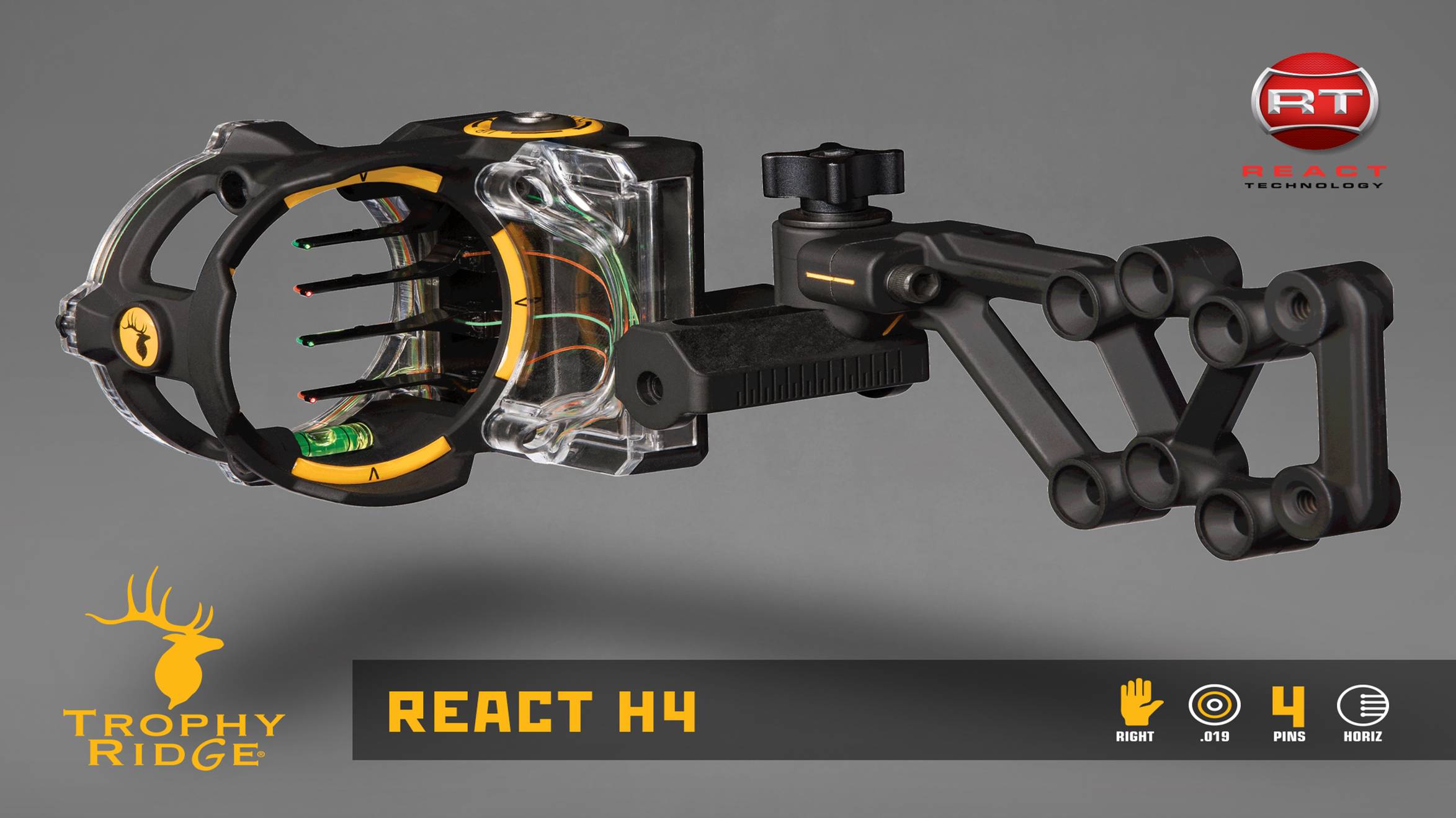 Graphic of a Trophy Ridge React® H4 Bow Sight with features listed on the bottom