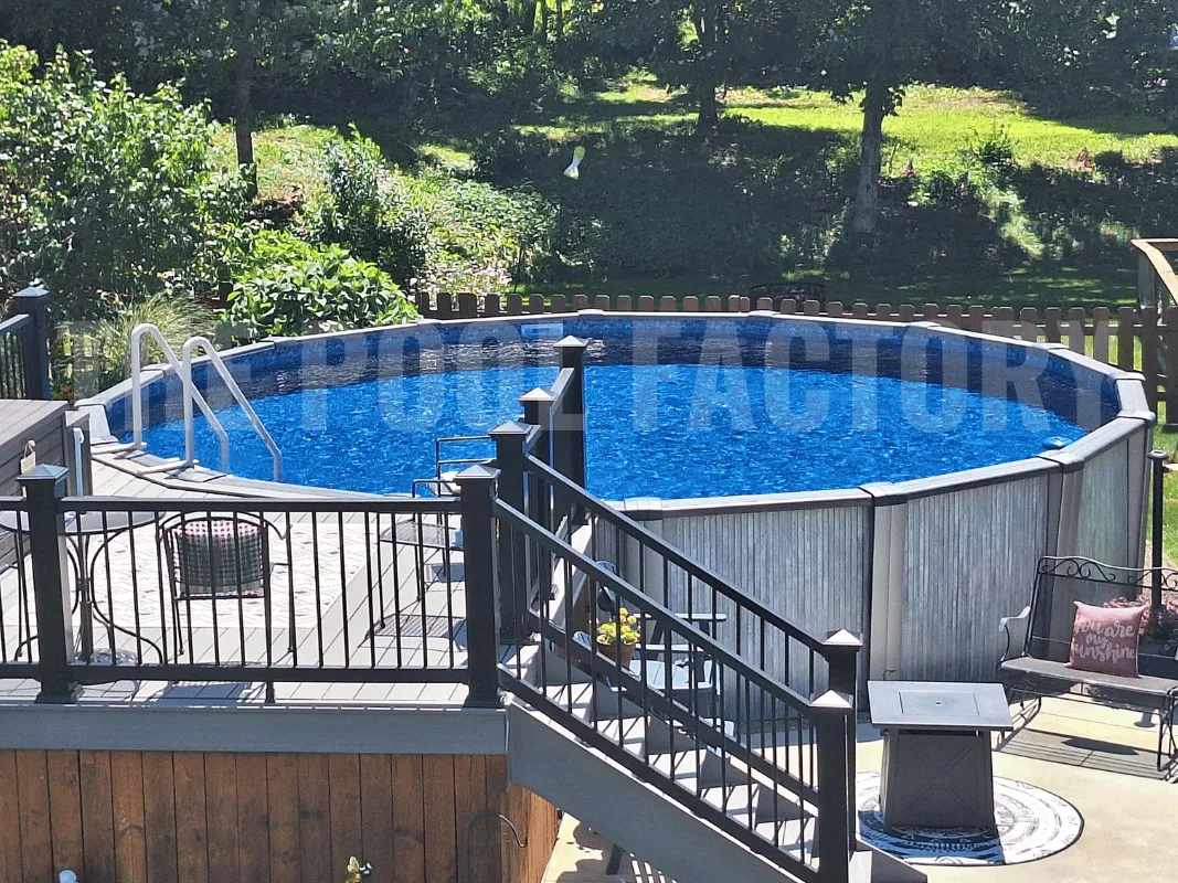 Luxurious round swimming pool with deck and safety railings