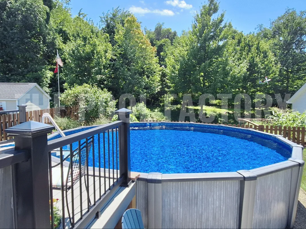 Round above ground pool with wood deck and sunny sky