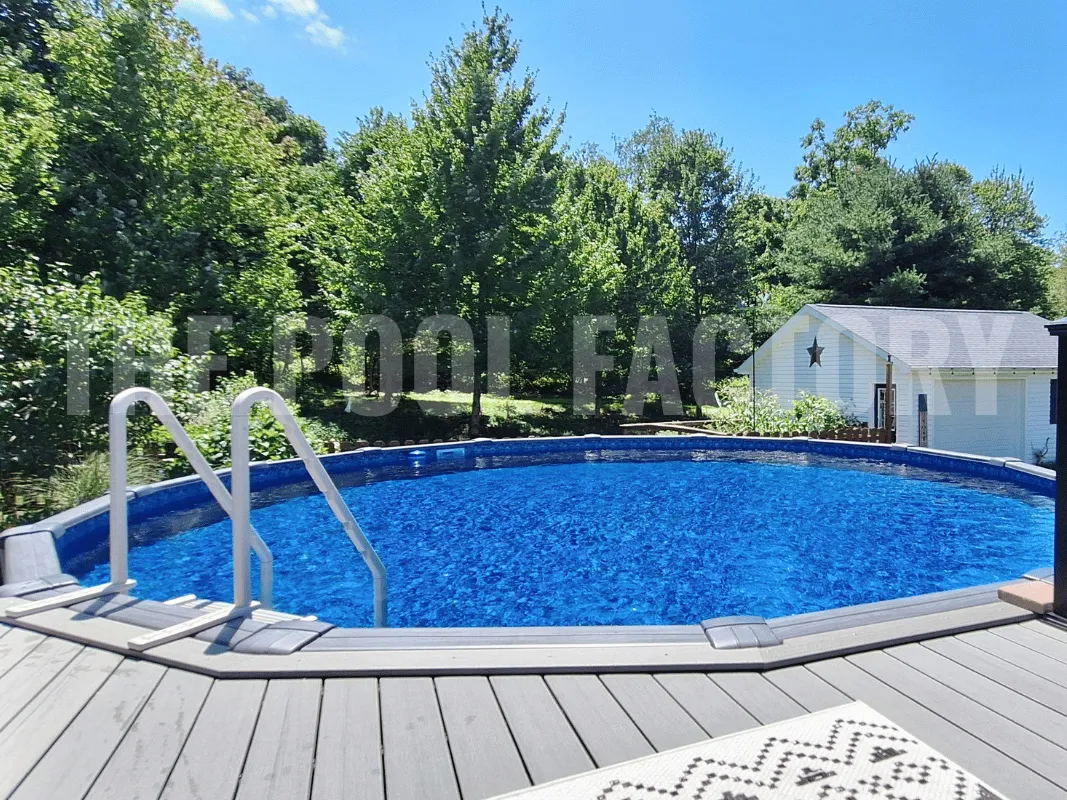 Round above ground pool with partial deck and in-pool step