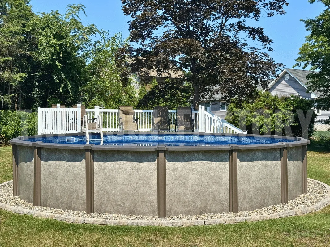 Round pool surrounded by small bushes, mulch beds, and open sunny yard