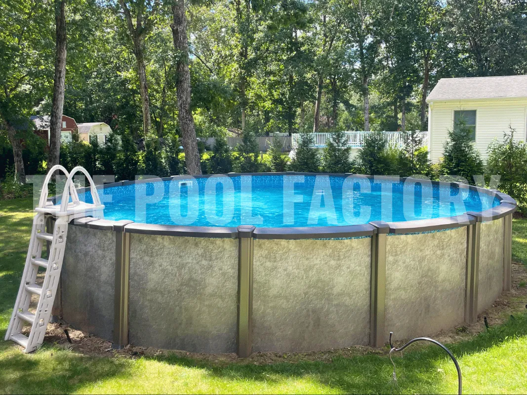 Above ground pool with A-Frame safety ladder and beautifully manicured green grass
