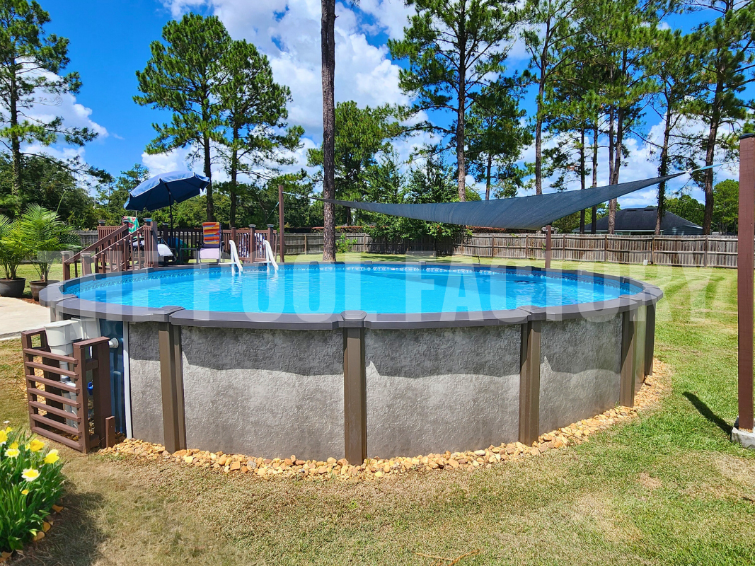 Saltwater above ground pool with shade canopy on a sunny day