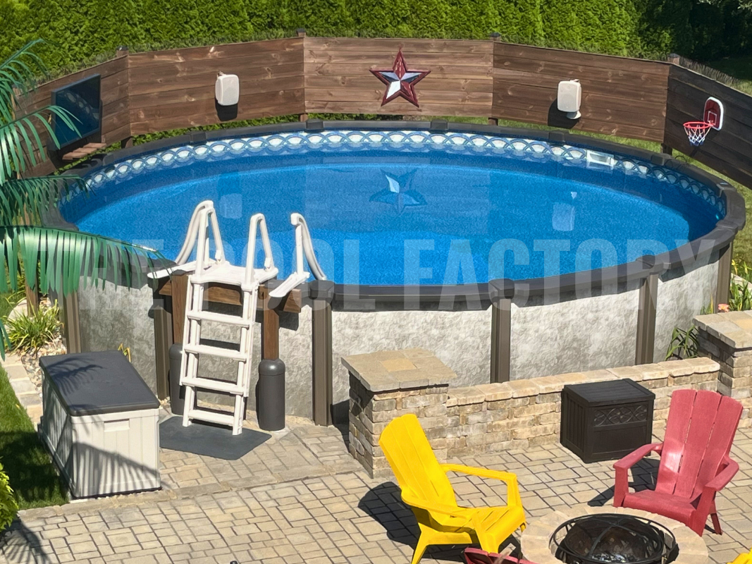 Above ground saltwater swimming pool with a stone patio, tv and speaker set