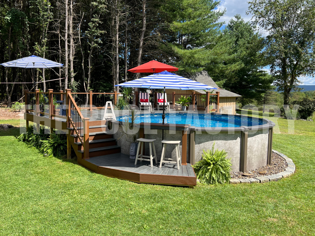 Round saltwater above ground pool with deck and large trees surrounding