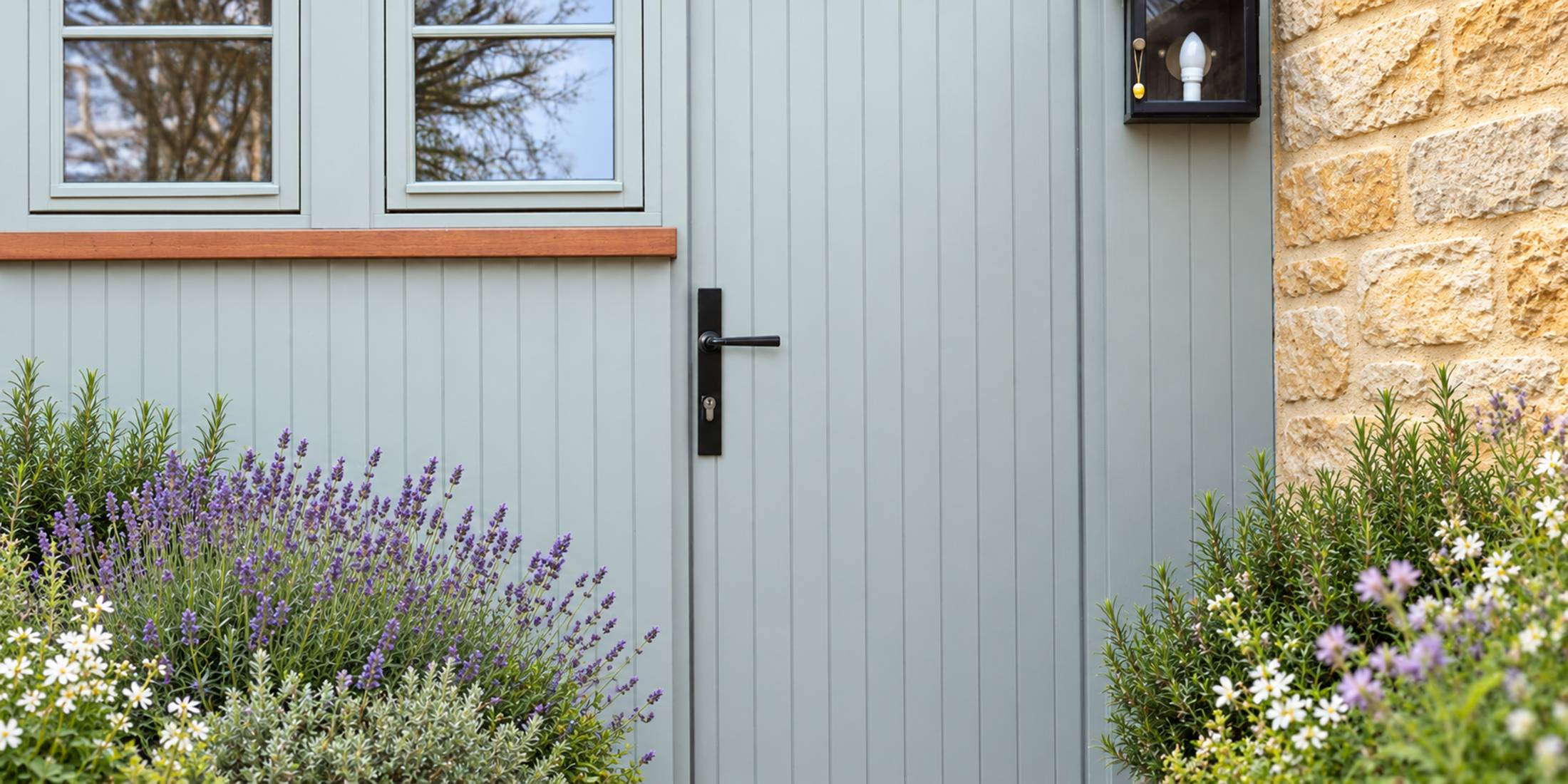 Black Multipoint handle on Blue Door