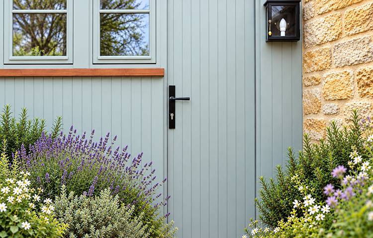 Black Multipoint handle on Blue Door