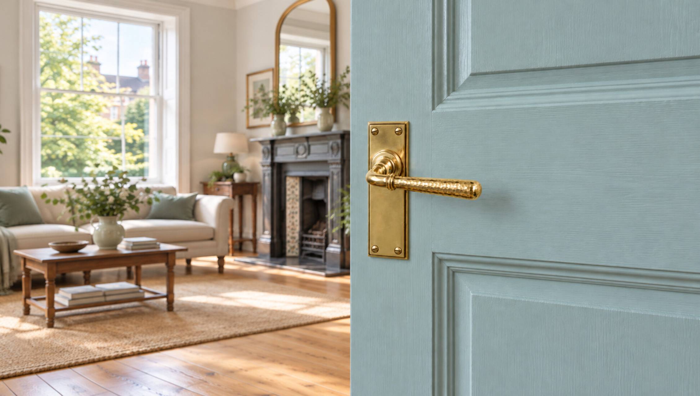 Polished antique brass door handle on duck egg blue door