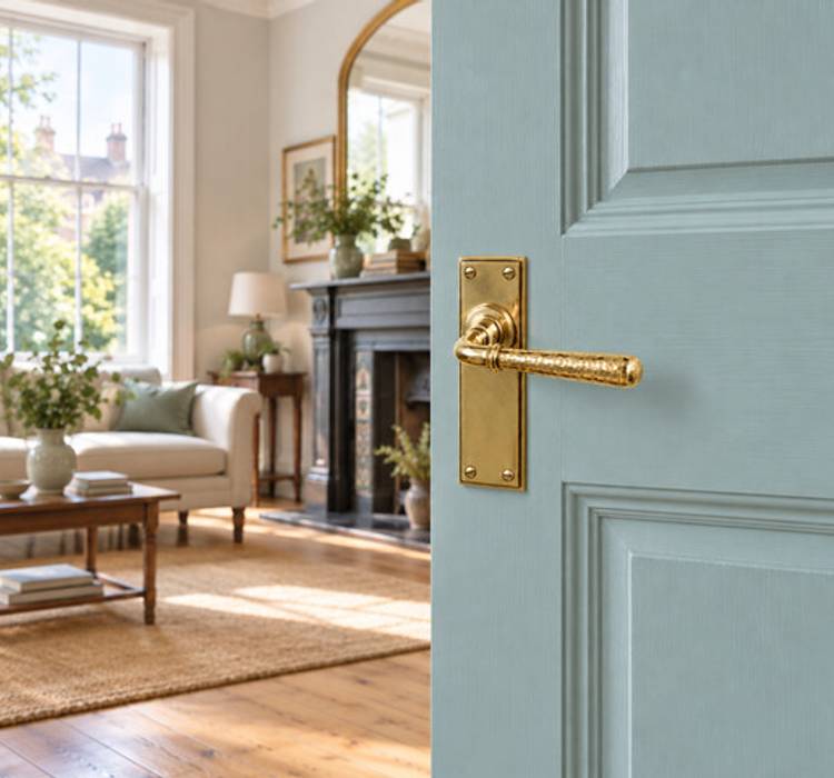 Polished antique brass door handle on duck egg blue door