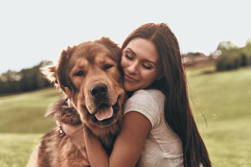 Frau umarmt großen Hund