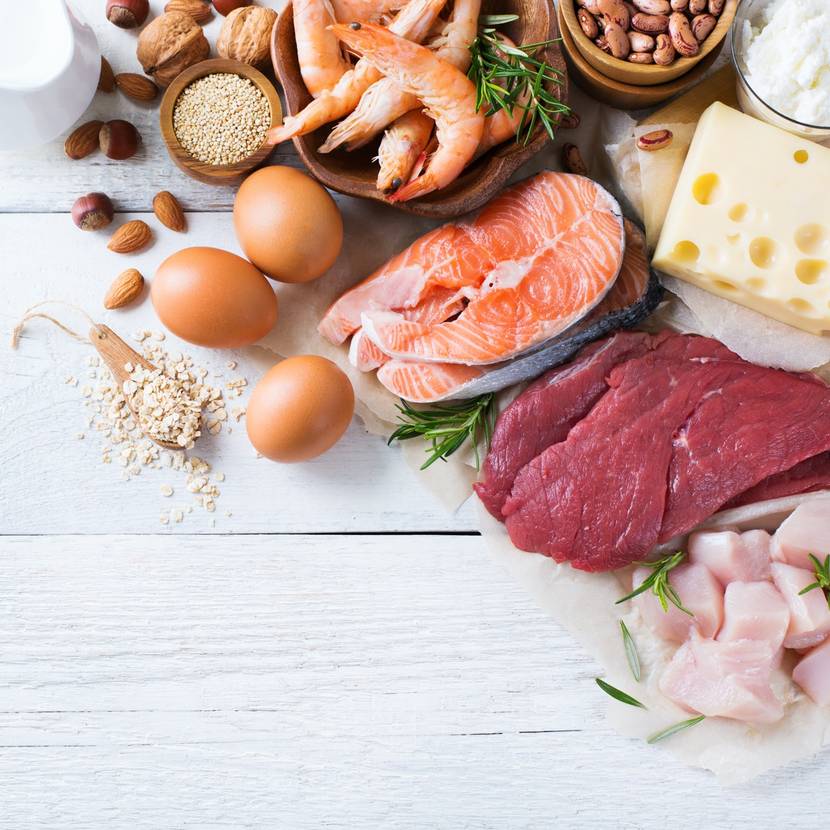 Proteinquellen: EIer, Fleisch, Käse, Shrimps