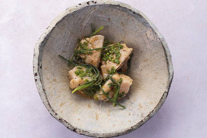 Scallops, Mustard Sauce, Sea Arrow Grass, and Spinach recipe image