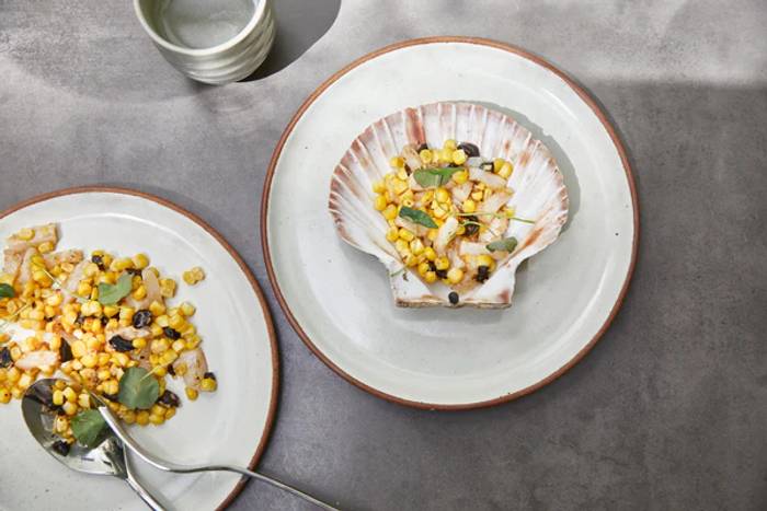KING SCALLOP, CORN, GINGER & BLACK GARLIC recipe image