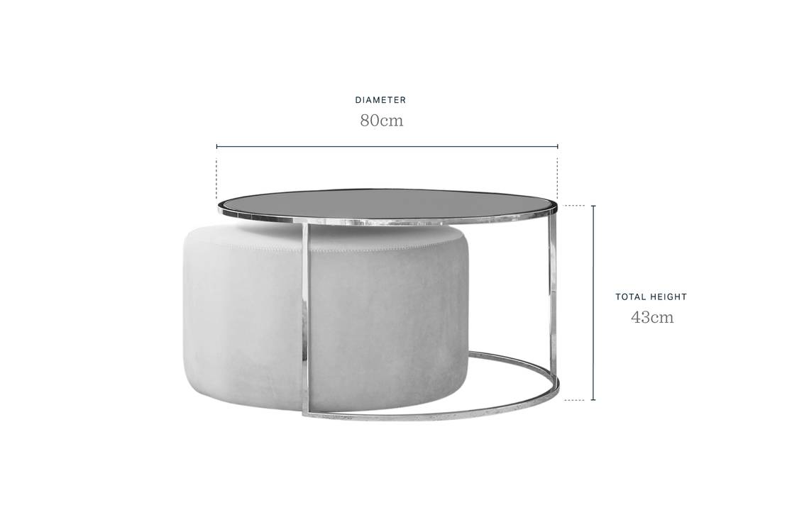 Thea Black Round Coffee Table and Light Grey Pouffe Set