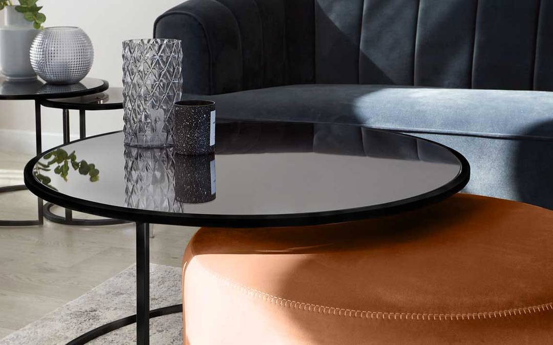 Thea Black Round Coffee Table and Light Grey Pouffe Set