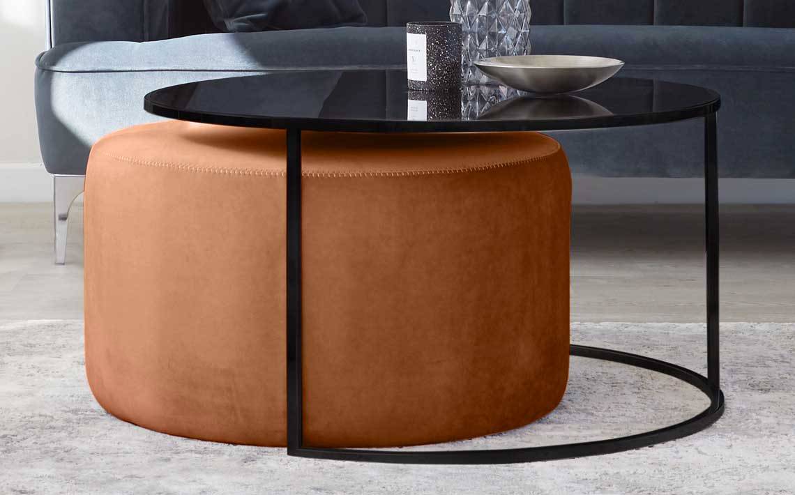 Thea Black Round Coffee Table and Light Grey Pouffe Set