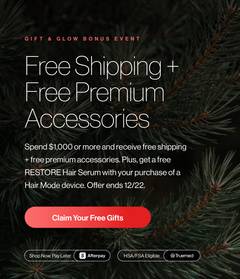 Celluma Gift & Glow Bonus Event banner showing free shipping, free premium accessories, and free RESTORE Hair Serum with qualifying LED device purchases.