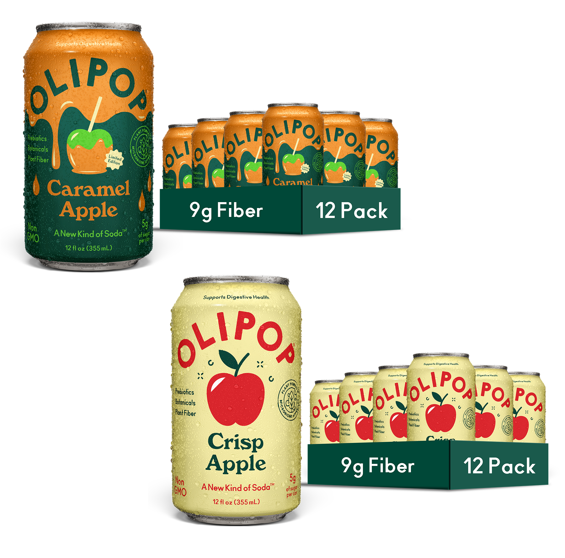 Four twelve-ounce OLIPO soda cans in Vintage Cola, Classic Root Beer, Cream Soda, and Ginger Ale flavors.