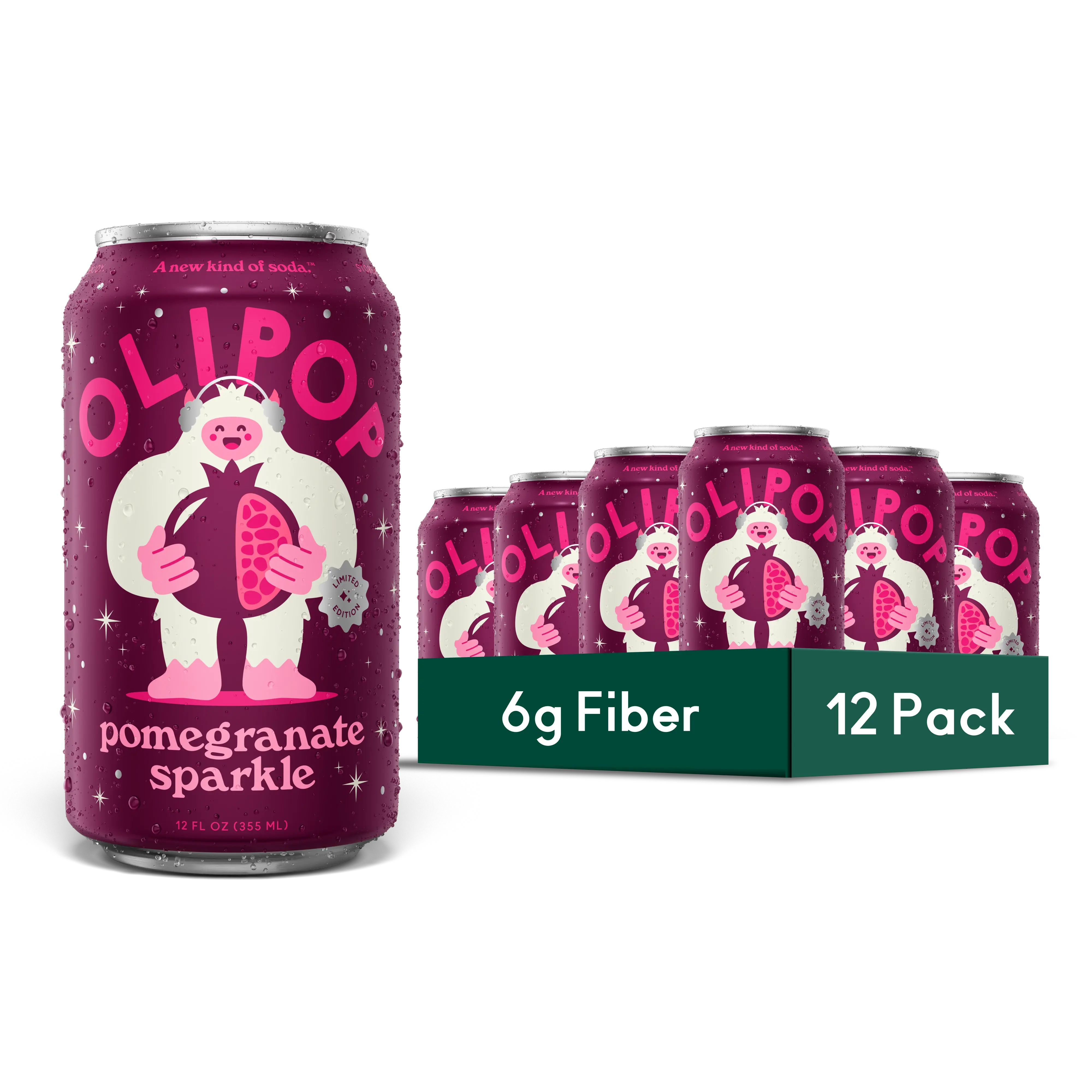 OLIPOP Pomegranate Sparkle can with condensation droplets featuring a Yeti holding a pomegranate.