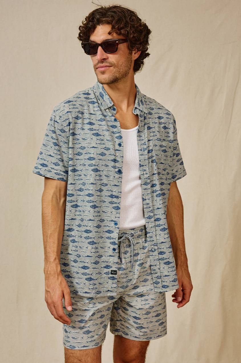 Media Card of the Carson Shirt and the Dane Swim Short in Vintage Aquarium Etch with a White Tee Underneath. Front Cropped View Featured on Model.