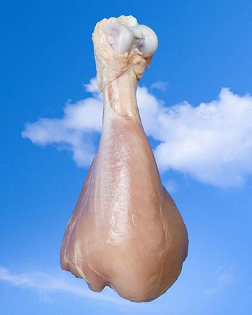 A close up photo of raw chicken with a blue sky background
