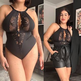 Scantilly Indulgence Multiway Stretch Lace Body Black/Latte as worn by @takeheartuk