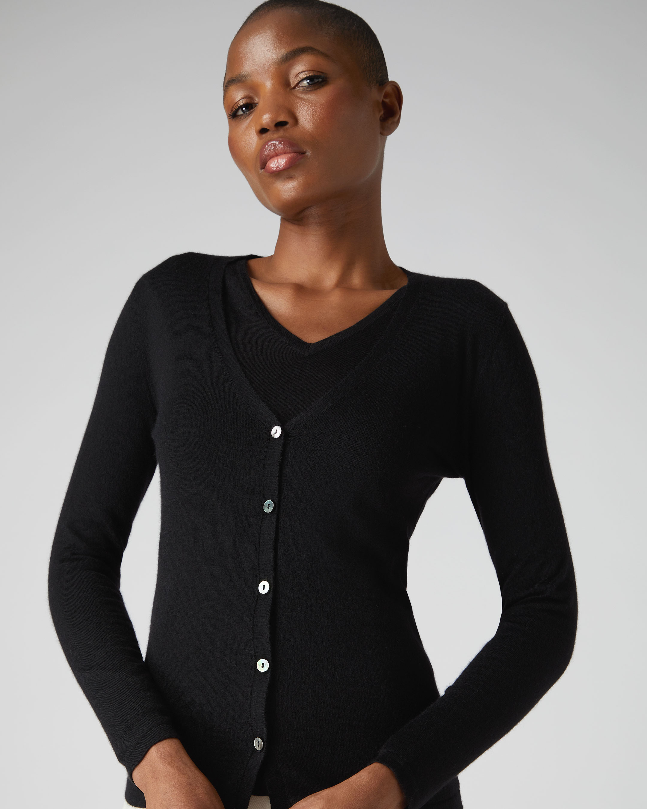 Black v neck button up cardigan sale