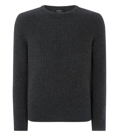 007 Fishermans Rib Round Neck Sweater Dark Charcoal Grey | N.Peal