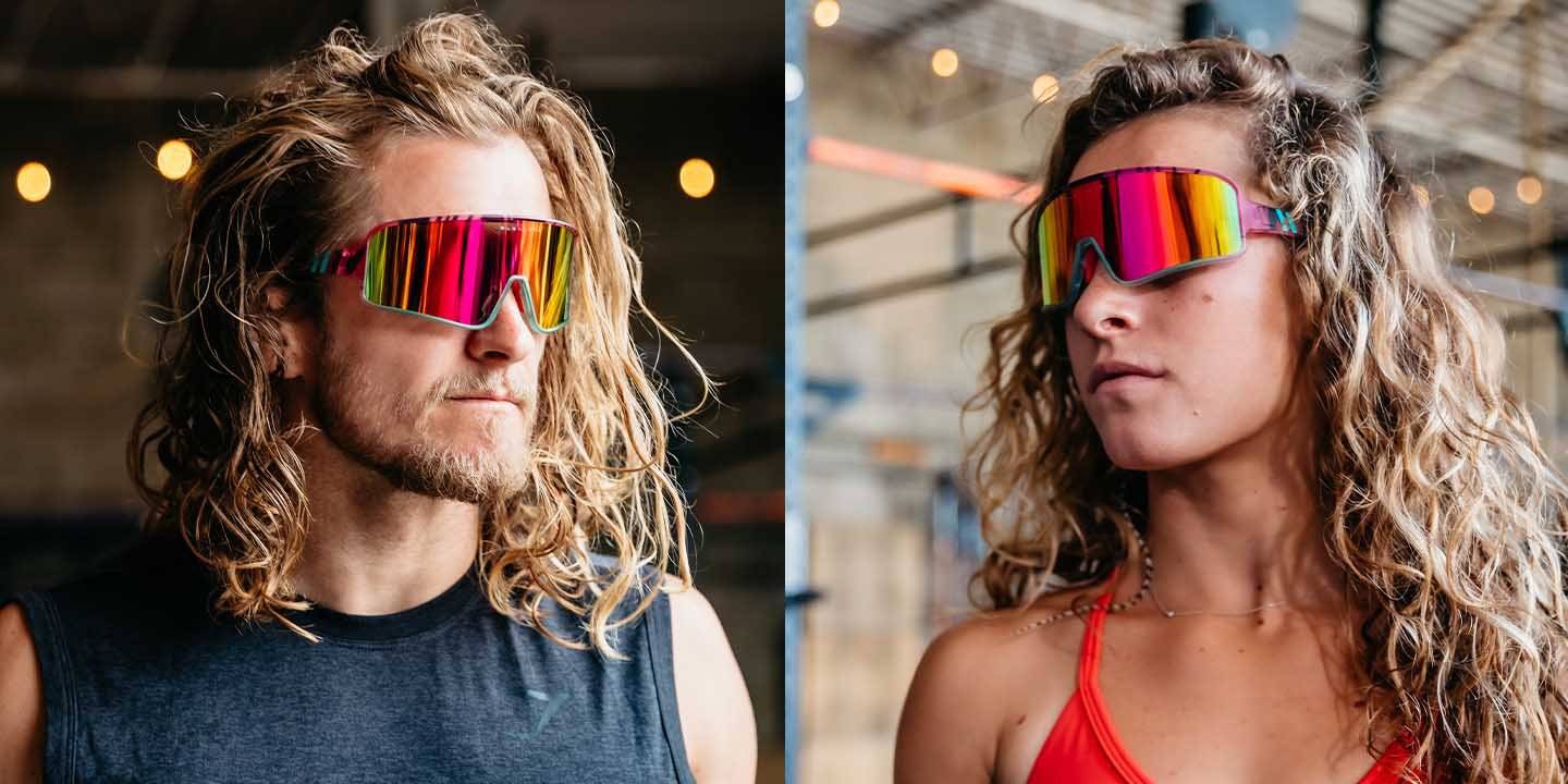 Buttery Bros Eclipse Wraparound Sunglasses Pink Revo Lenses & Teal Frames