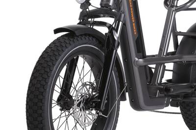 Close up of a RadRunner 3 Plus electric utility bike highlighting the front suspension.