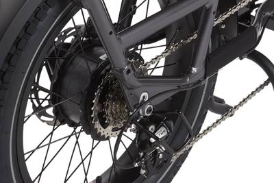 Close up of the geared hub motor on the RadRunner 3 Plus electric utility bike. 