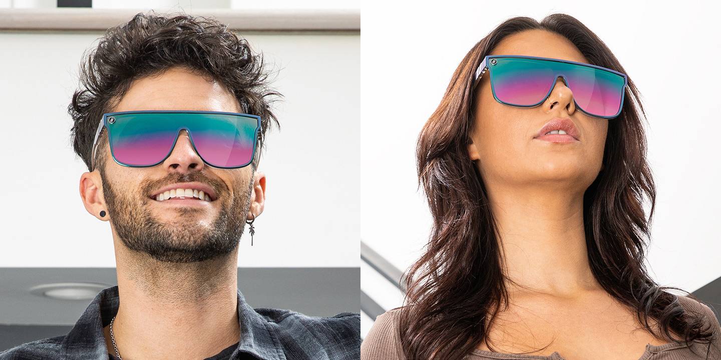 Discomania Flat Top Sunglasses - Polarized Lavender Rainbow Single Lens &  Iridescent Frame