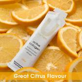 U Perform Active Collagen Sports Recovey gel sachet on top of sliced oranges with text reading great citrus flavour