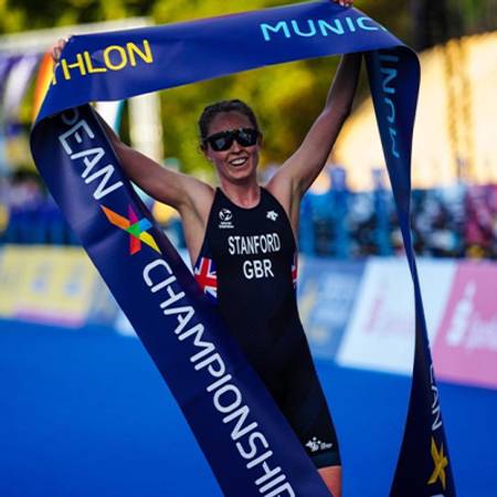 Non Stanford crossing triathlon finishing line european championships U Perform Athlete Ambassador