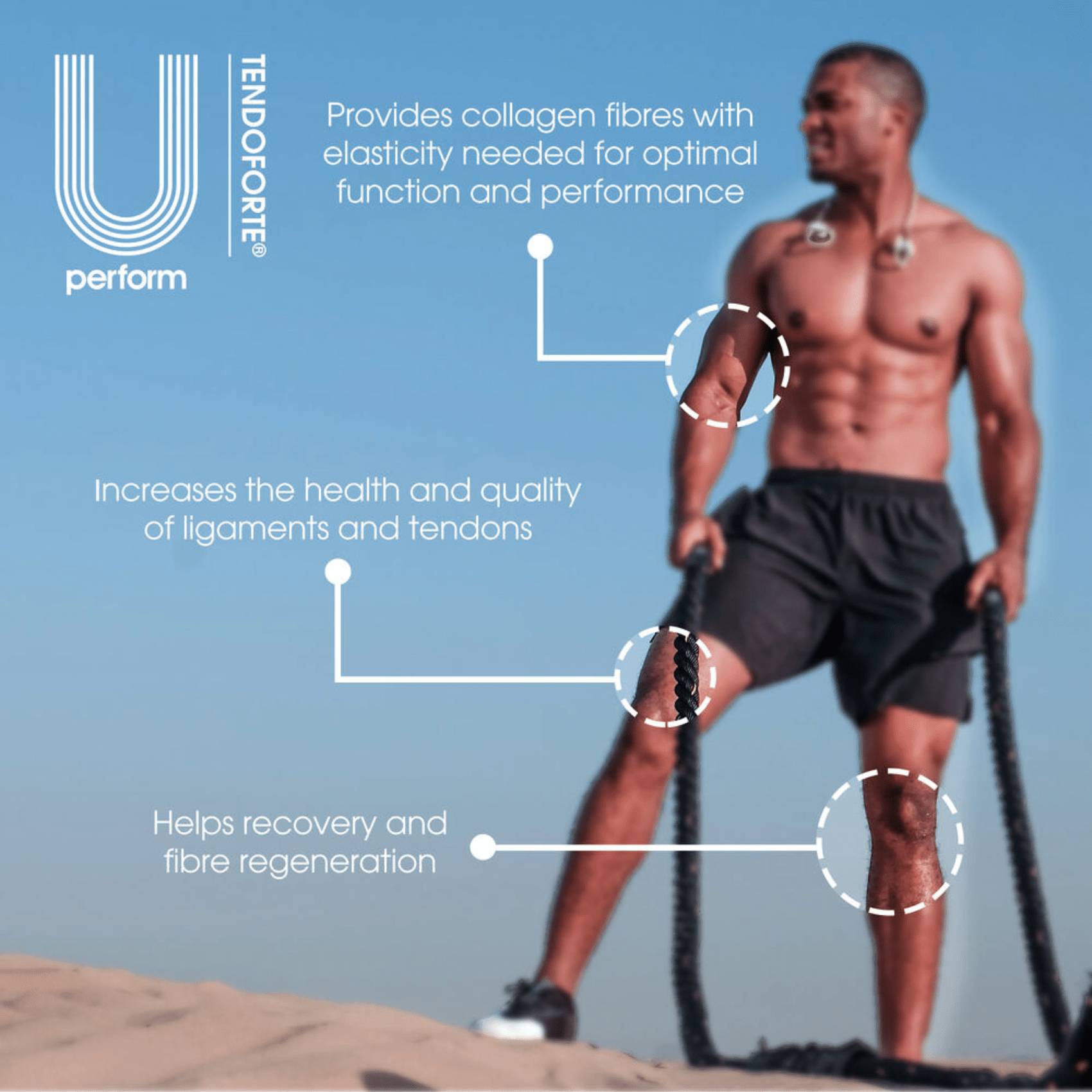 Topless man in gym shorts standing on top of hill under a blue sky holding battle ropes after a workout - U Perform TENDOFORTE Bioactive Collagen Peptides Features & Benefits graphics