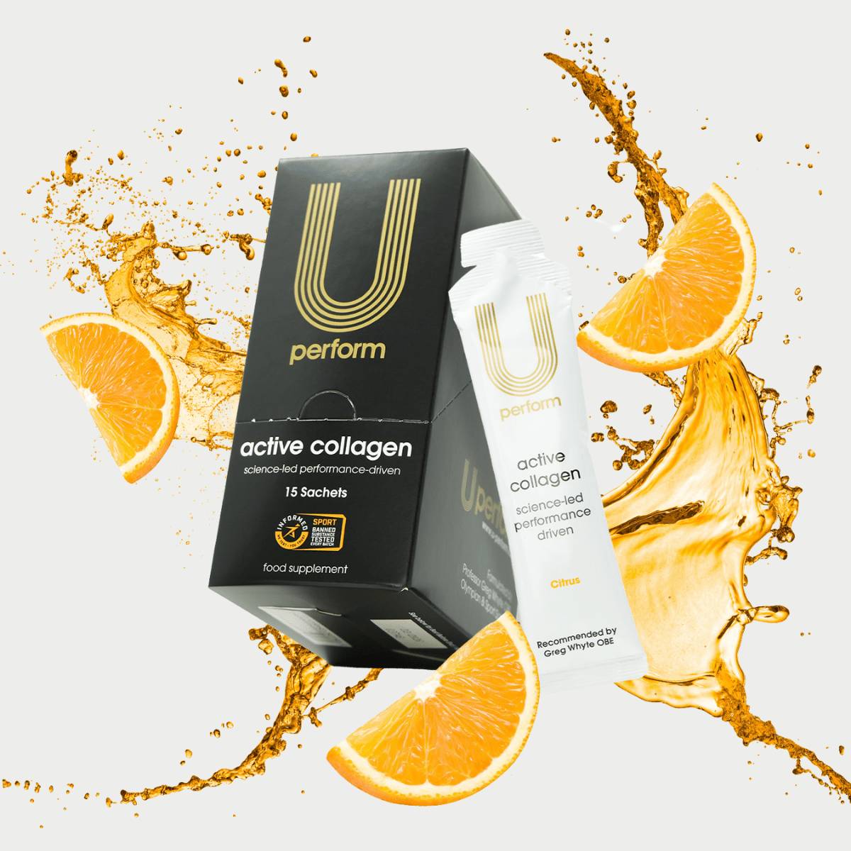 U Perform Active Collagen box and gel sachet with a splash of orange juice and slices behind to represent the citrus flavour