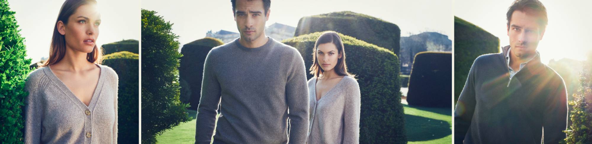Collage of three outdoor images featuring a man and woman in N.Peal knitwear, set against manicured garden hedges and soft sunlight