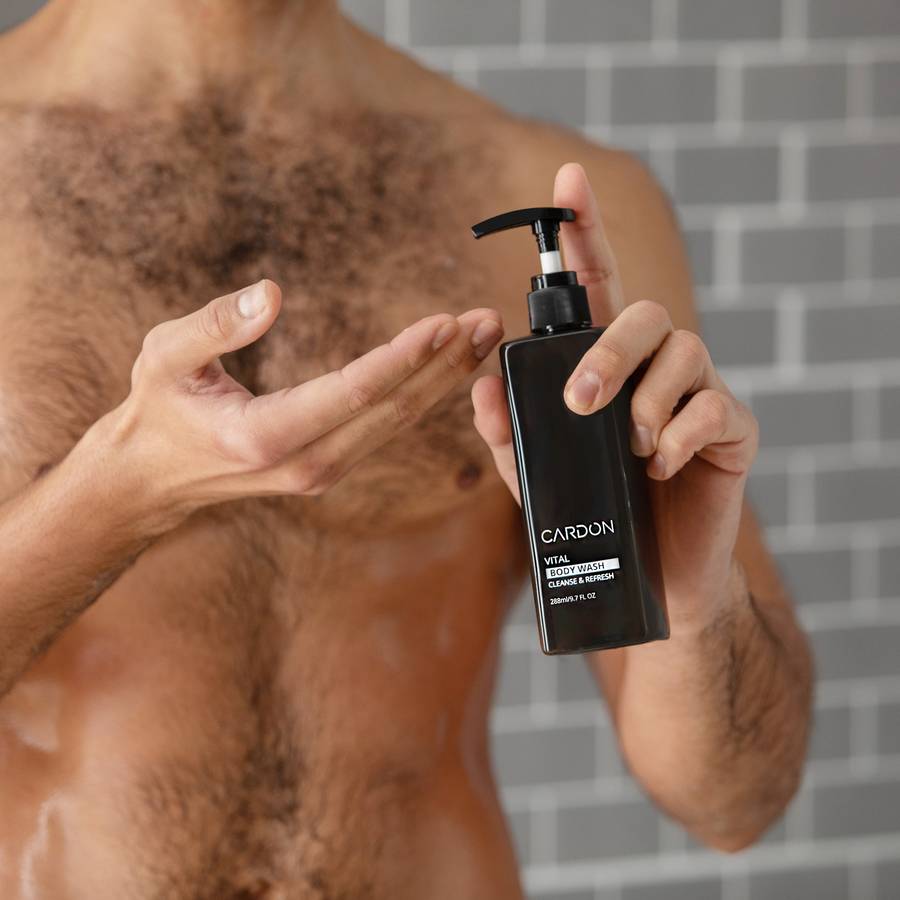 Step up your shower game with Cardon Skincare's Men's Vital Body Wash, an energizing, body-acne clearing emulsion and GQ Men's Grooming Best of Award Winner.