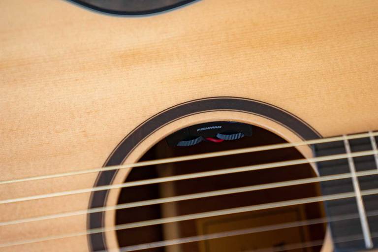 Close-up of Fishman Sonitone EQ in Orangewood guitar soundhole