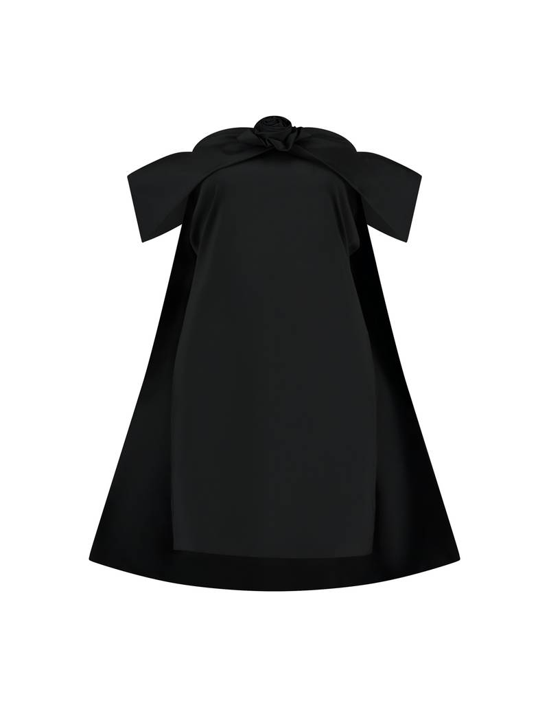 Bernadette Antwerp taffeta short Sacha dress. Little black dress featuring bow in the back and corsage rose on the sweetheart neckline.