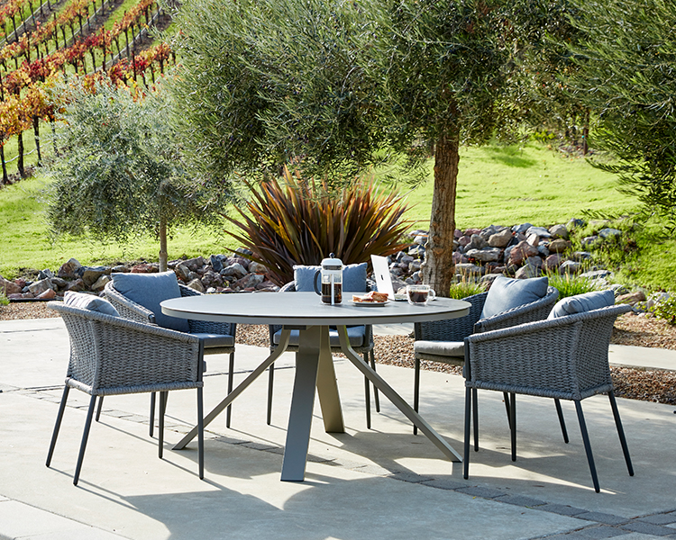 Portola Dining Table in Quartz Grey with Ceramic Style Glass Terra Outdoor Living