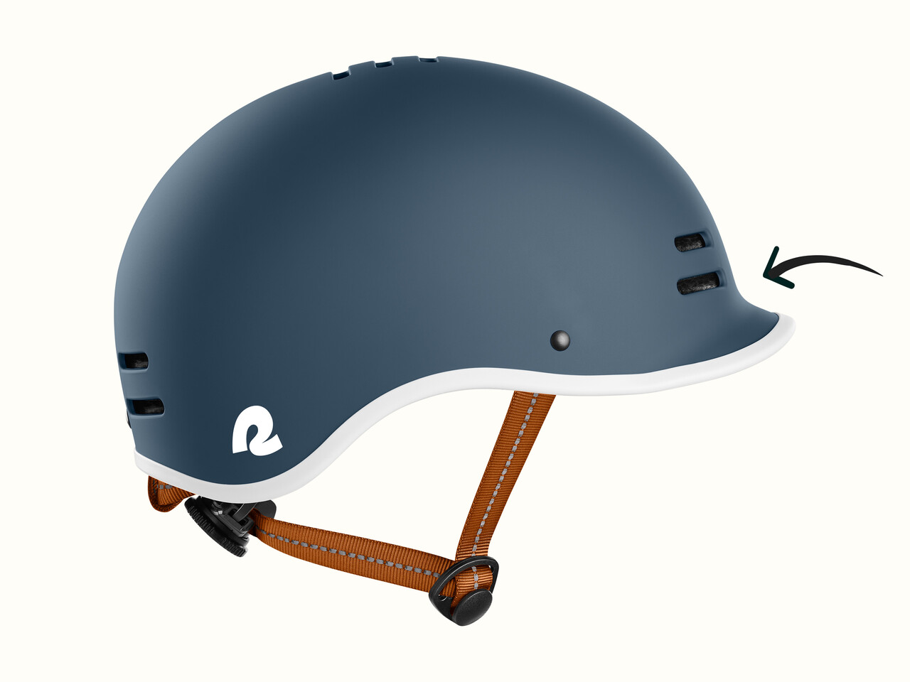 Navy blue helmet with a white brim, adjustable brown strap, and ventilation slots, featuring a logo on the side and a black arrow pointing to the visor.