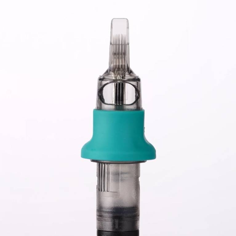 Tattoo needle cartridge with teal grip.