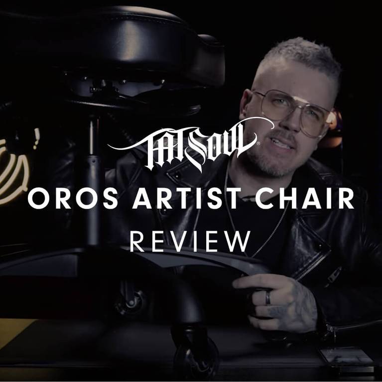 Tattoo artist next to the Oros Artist Chair, text overlay "TatSoul Oros Artist Chair Review".
