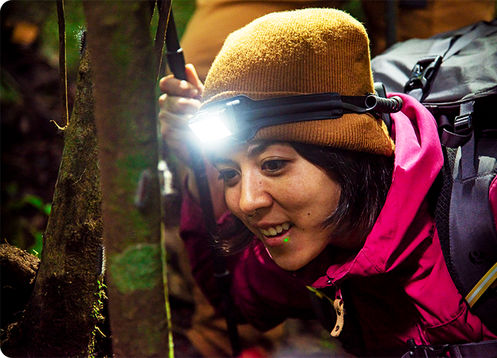 A person wearing a headlamp and a brown beanie examines a tree in a forest, showing curiosity and excitement.