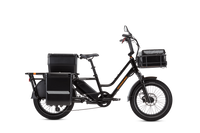 The RadWagon 5 Plus in black with a Large Front-Mounted basket, basket liner & rear-mounted panniers. 